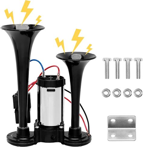 12V 600DB Upgraded Car Air Horn Super Loud Dual Trumpets Electric Train Horn for Pickup Trucks Kits with Air Compressor Compatible with 12V Vehicles Cars Boats Trucks Suvs(Black) in Kuwait