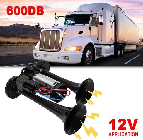 12V 600DB Upgraded Car Air Horn Super Loud Dual Trumpets Electric Train Horn for Pickup Trucks Kits with Air Compressor Compatible with 12V Vehicles Cars Boats Trucks Suvs(Black) in Kuwait
