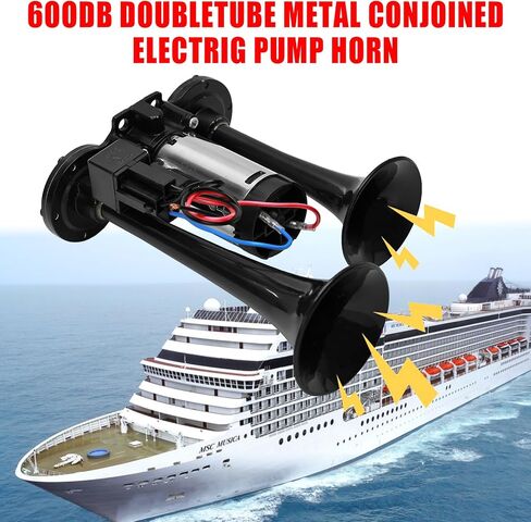12V 600DB Upgraded Car Air Horn Super Loud Dual Trumpets Electric Train Horn for Pickup Trucks Kits with Air Compressor Compatible with 12V Vehicles Cars Boats Trucks Suvs(Black) in Kuwait