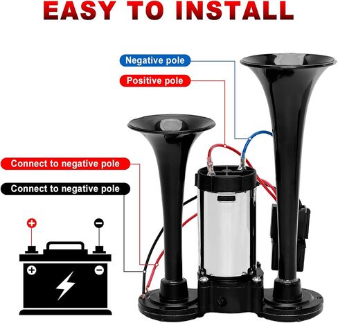 12V 600DB Upgraded Car Air Horn Super Loud Dual Trumpets Electric Train Horn for Pickup Trucks Kits with Air Compressor Compatible with 12V Vehicles Cars Boats Trucks Suvs(Black) in Kuwait