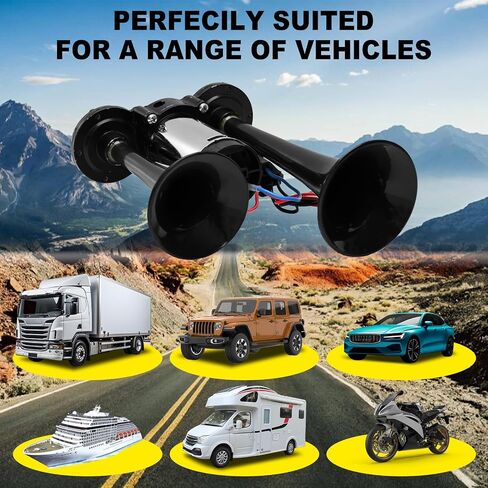 12V 600DB Upgraded Car Air Horn Super Loud Dual Trumpets Electric Train Horn for Pickup Trucks Kits with Air Compressor Compatible with 12V Vehicles Cars Boats Trucks Suvs(Black) in Kuwait
