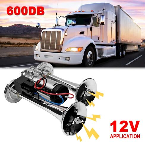 12V 600DB Upgraded Car Air Horn Super Loud Dual Trumpets Electric Train Horn for Pickup Trucks Kits with Air Compressor Compatible with 12V Vehicles Cars Boats Trucks Suvs(Black) in Kuwait