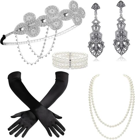 BABEYOND 1920s Flapper Accessories Gatsby Costume Accessories Set 20s Flapper Headband Pearl Necklace Gloves Plastic Holder in Saudi Arabia