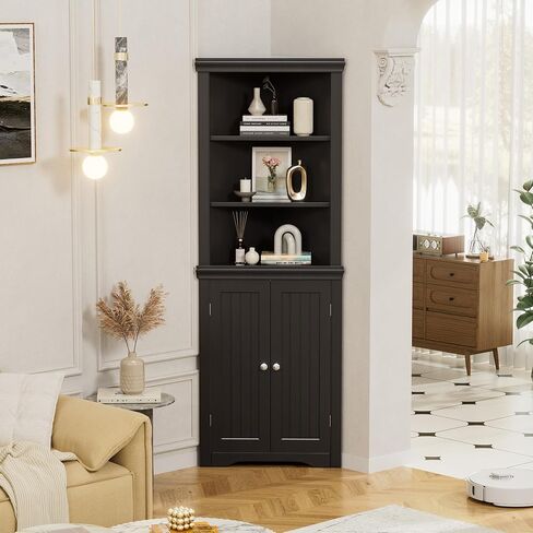 Flamaker Corner Cabinet, Freestanding Corner Shelf with 2 Doors and 3 Shelves, Bathroom Corner Storage Cabinet for Bathroom, Living Room, Bedroom or Kitchen (Black) in Kuwait