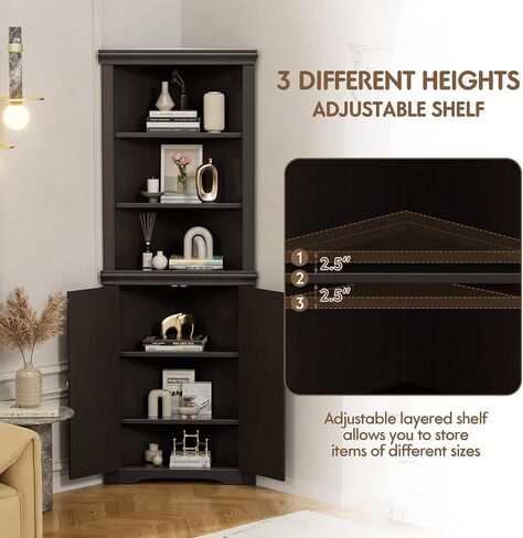 Flamaker Corner Cabinet, Freestanding Corner Shelf with 2 Doors and 3 Shelves, Bathroom Corner Storage Cabinet for Bathroom, Living Room, Bedroom or Kitchen (Black) in Kuwait