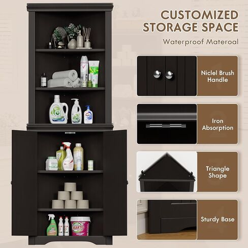 Flamaker Corner Cabinet, Freestanding Corner Shelf with 2 Doors and 3 Shelves, Bathroom Corner Storage Cabinet for Bathroom, Living Room, Bedroom or Kitchen (Black) in Kuwait