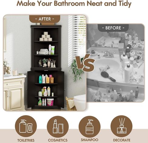 Flamaker Corner Cabinet, Freestanding Corner Shelf with 2 Doors and 3 Shelves, Bathroom Corner Storage Cabinet for Bathroom, Living Room, Bedroom or Kitchen (Black) in Kuwait