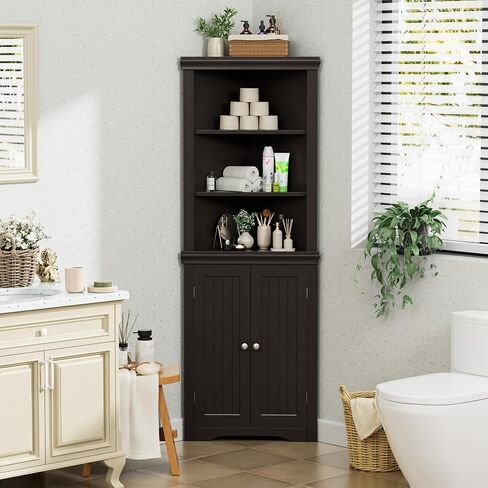 Flamaker Corner Cabinet, Freestanding Corner Shelf with 2 Doors and 3 Shelves, Bathroom Corner Storage Cabinet for Bathroom, Living Room, Bedroom or Kitchen (Black) in Kuwait