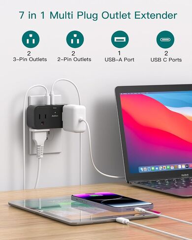 Surge Protector Outlet Extender, Multi Plug Outlet Splitter with 4 Electrical Outlets 3 USB Ports（2 USB C 3 Sided Wall Plug Adapter for Home Office Travel Dorm Room Essentials in Saudi Arabia