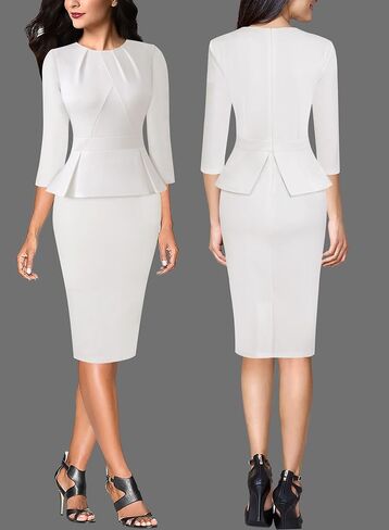 VFSHOW Womens Pleated Crew Neck Peplum Work Business Office Bodycon Pencil Sheath Dress in Saudi Arabia