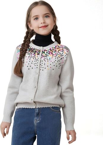 Danny D Girls Sequin Knitted Sweater Cardigan Crew Neck Long Sleeve Button Tops in Kuwait