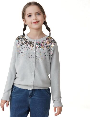 Danny D Girls Sequin Knitted Sweater Cardigan Crew Neck Long Sleeve Button Tops in Kuwait