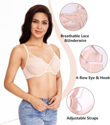 Lemorosy Women's Plus Size Full Coverage Non-Padded Underwire Lace Unlined Minimizer Bra in Kuwait
