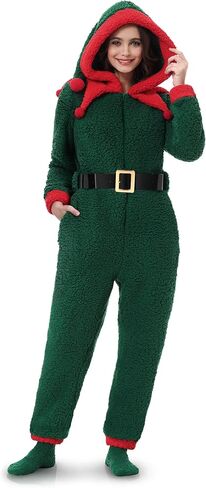 Adult Christmas Onesie for Women Pajama Green Elf Outfit One Piece Holiday Santa with Belt Socks in Saudi Arabia