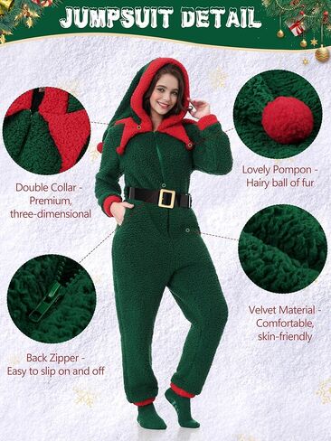 Adult Christmas Onesie for Women Pajama Green Elf Outfit One Piece Holiday Santa with Belt Socks in Saudi Arabia