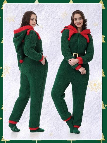 Adult Christmas Onesie for Women Pajama Green Elf Outfit One Piece Holiday Santa with Belt Socks in Saudi Arabia