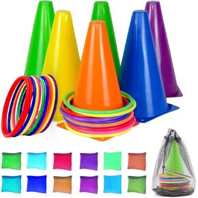 CircleCraft 53 Pcs. Plastic Cones and Rings Games Ring Toss Games for Adults Carnival Games Potato Sack Race Bags Egg & Spoon Bean Bag Birthday Party Outdoor Games for Family Party