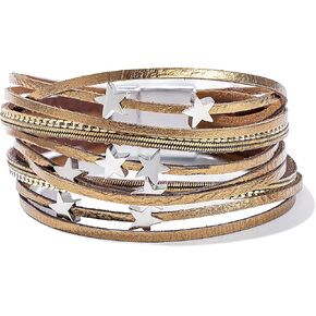FANCY SHINY Leather Wrap Star Bracelet Boho Bangle Bracelets for Women Trendy Stackable Cute Charm Bracelet with Magnetic Clasp