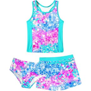 UNICOMIDEA Girls Swimsuits 3 Pieces Tankini Bathing Suit Kids Beach Zipper Bikini Swimwear with Shorts for 7-12 Years