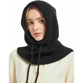 Knit Balaclava Hat Solid Color Drawstring Detail Hooded Scarf Windproof Stylist One-Piece Hat & Scarf Warm Winter Beanie Hat