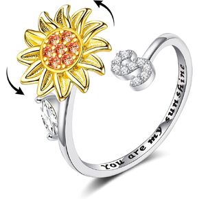 Fidget Rings for Anxiety for Women Sunflower Initial Letter Spinner Ring Open Adjustable Ring CZ Rings Daisy Stress Relieving Ring Jewelry Gift for Women Valentine's Day You are My Sunshine Ring