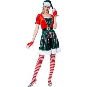 EraSpooky Elf Costume Adult Women Christmas Green Dress Suit Mrs Claus Outfit with Hat Gloves Belt Stockings