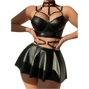 Milumia Women's 3 Piece Pu Leather Cut Out Underwired Mini Skirt Lingerie Set