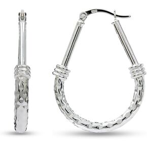 LeCalla 925 Sterling Silver Hoop Earrings | Italian Design Classic Diamond-Cut Textured Earring Hoops | Women's Drop Shape Oval Hoop Earring Jewelry for Women