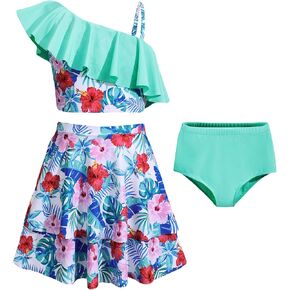 Girls 3 Piece Bathing Suit One Shoulder Ruffle Flounce Bikini Set with Cover Up Skirt Quick Dry Swimsuit 5-12 Years