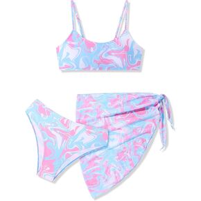 Girls Swimsuit Allover Printed Bathing Suits for Girls with Cover Up Skirt 3 Piece Bikini Set for Girls 7-16