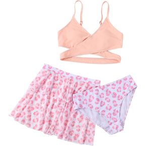 Girls Swimsuits Bikini Set Kids 3 Piece Swimsuit Criss Cross Bathing Suit Girls' Swimwear 7-12Y