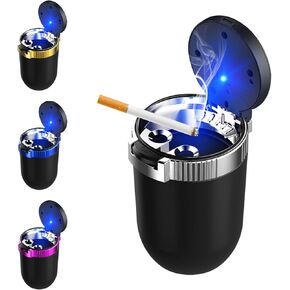 Car Ashtray with Lid, Detachable Stainless Smokeless Auto Ashtray with LED Blue Light, Portable Mini Trash Can for Cup Holder, Universal Vehicle Interior Accessories (Silver)