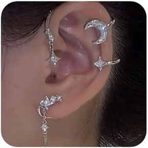 Missgrace Fashion Elf Ear Star Moon Earring Cuffs Rhinestones Earrings Elf Cosplay Cuffs Wrap Earrings for Fairy Ears Costume Cosplay Wedding Earrings Jewelry for Women 1 Pair