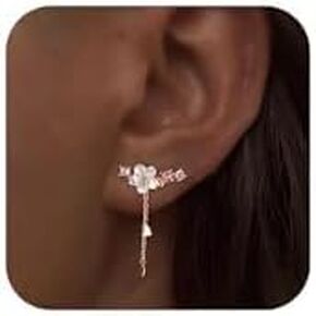 925 Sterling Silver CZ Flowers Ear Cuffs Hoop Climber Earring for Women, Rose Gold Cartilage Earrings with CZ Piercing Dainty Tassel Ear Crawler Earrings Christmas Valentine's Day Jewelry Gift
