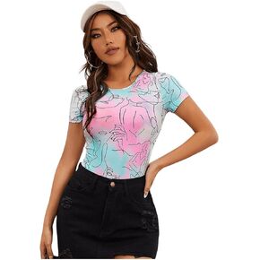 SweatyRocks Women's Figure and Tie Dye Print Bodysuits Casual Short Sleeve Tops Bodysuit