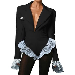 VOIKERDR Black Bodysuit Women Patchwork Lace Long Sleeve V Neck Bodysuit Top Sexy Going Out Outfits