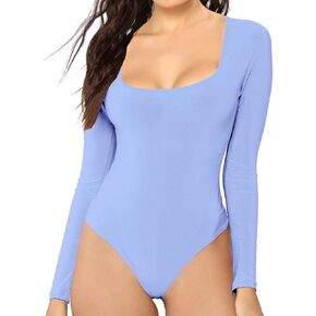MANGDIUP Women's Essential Bodysuit - Scoop Neck Long Sleeve Slim Fit Stretch Cotton Spandex Jumpsuit