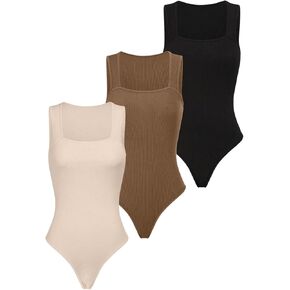 Floerns Women's 3 Piece Solid Sleeveless Square Neck Bodysuit Ribbed Tank Tops Bodysuit