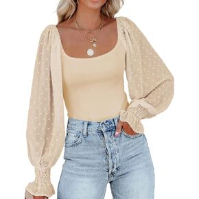 Zeagoo Women's Square Neck Puff Long Sleeve Bodysuit Off Shoulder Leotard Sheer Polka Dot Sleeve Top