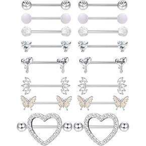 Besteel 8 Pairs Nipple Rings 14G Stainless Steel Nipplerings CZ Heart Butterfly Ball Tongue Barbell Rings Retainer Body Piercing Jewelry for Women