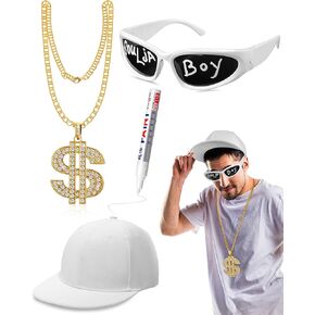 Yahenda 4 Pcs Halloween Hip Hop Costume Kit Rapper Accessories 2000s 80s 90s Outfit for Adults Rapper Sunglasses White and Gold