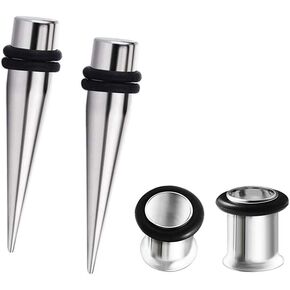 2 Pairs Stainless Steel Ear Taper Stretching Kits + Ear Tunnel Gauges Plugs Expander Piercing Jewelry with O Rings
