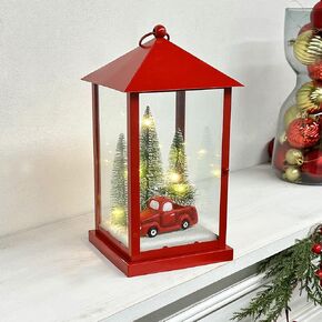 Scenic Lighted Christmas Lanterns, 11’’ Tall Square Red Lantern Battery Operated Built-in Timer with PS Panels