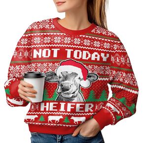 34HD Cow Christmas Sweater for Women, Heifer Ugly Sweater, Funny Crewneck Xmas Sweater, Cow Lover Gifts for Christmas