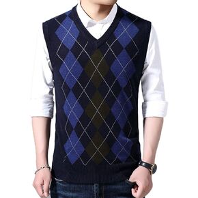 HaoMay Men's Slim Fit V Neck Rhomb Cashmere Knitted Pullover Vests Sweater (Medium, Navy)