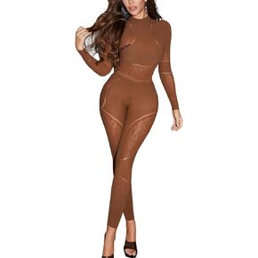 Women's Sexy Seamless Jumpsuit 2 piece outfit, Mock Neck Long Sleeve Bodysuit with Snap Crotch and Leggings Set