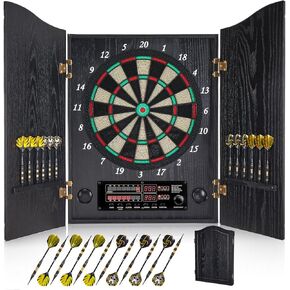 Electronic Dart Board, Decorative Dart Board Cabinet Set for Adults [12*Soft Tip Darts] - Wooden Electric Dartboard Cabinet with Integrated Scoreboard for Family Game Rooms [Black]
