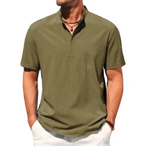 COOFANDY Men's Casual Henley Shirt Short Sleeve Band Collar Shirt Summer Beach Hippie Vacation T Shirt with Button