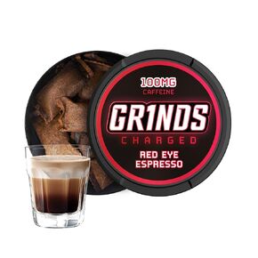 Grinds Coffee Pouches | Tobacco Free, Nicotine Free Healthy Alternative | 6 Cans, 12 Pouches Per Can | 4x Caffeine, 100mg Per Pouch (Red Eye Espresso)