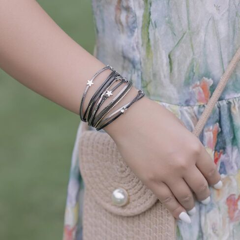 FANCY SHINY Leather Wrap Star Bracelet Boho Bangle Bracelets for Women Trendy Stackable Cute Charm Bracelet with Magnetic Clasp in Kuwait